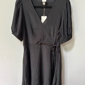 A New Day Black Puff Sleeve Faux Wrap Midi Dress